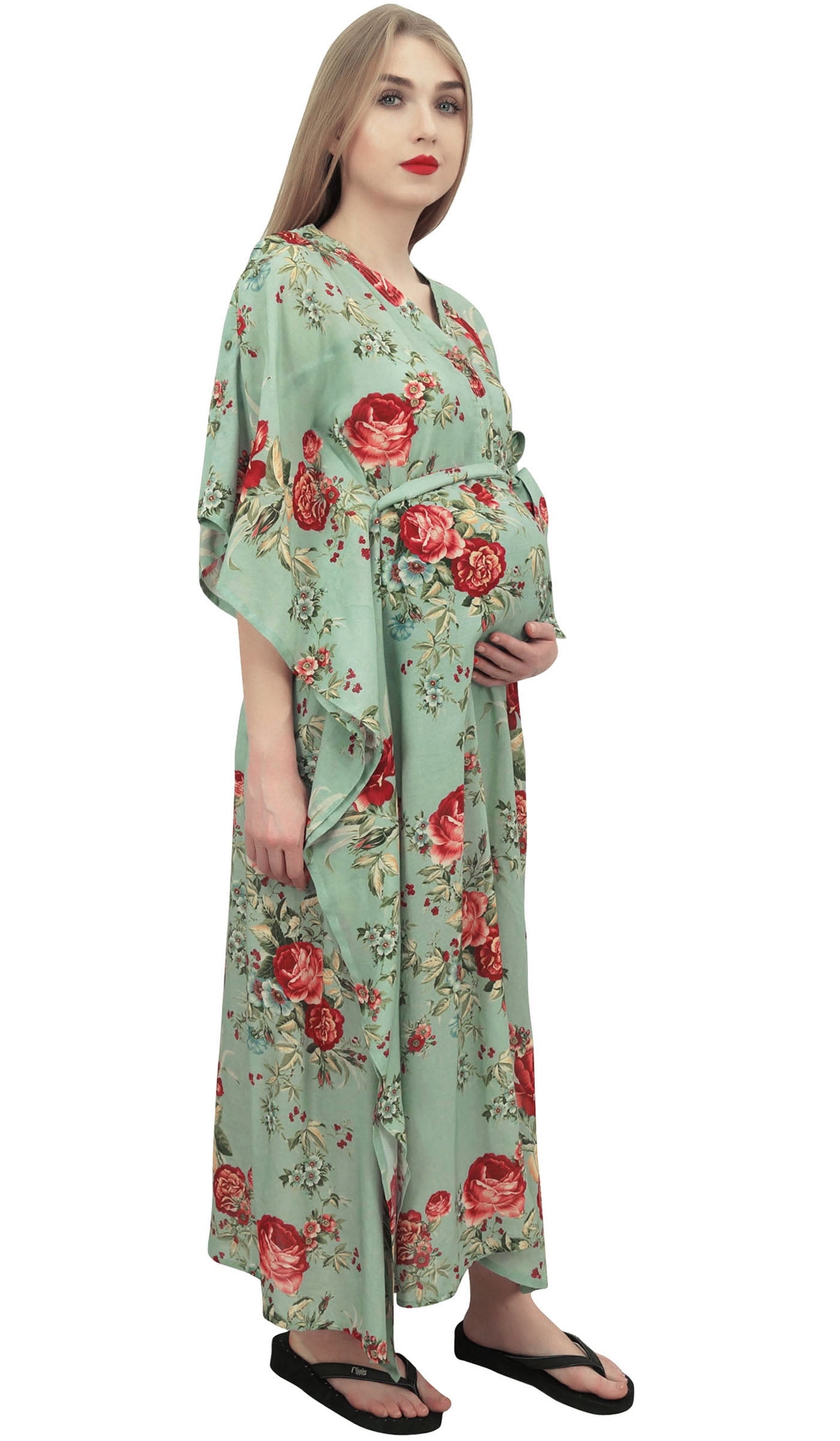 Bimba Moms Dusty Green Floral Printed Kaftan With Belt Maternity Maxi Dress-20  - Walmart.com