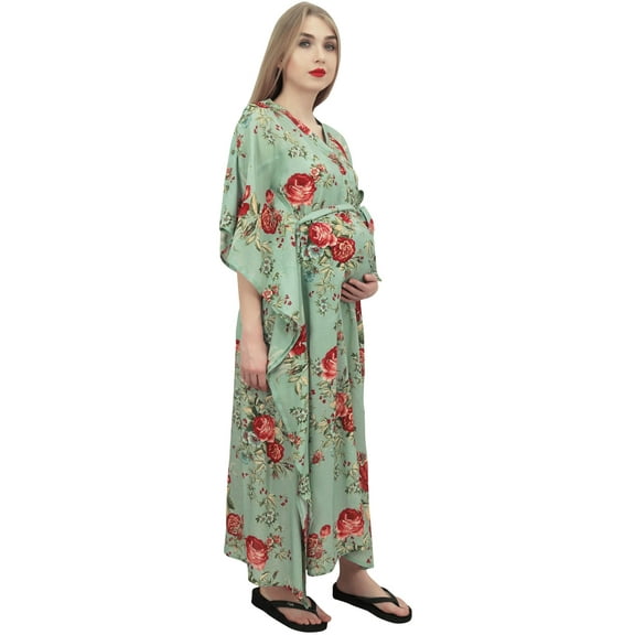 Bimba Moms Dusty Green Floral Printed Kaftan With Belt Maternity Maxi Dress-8