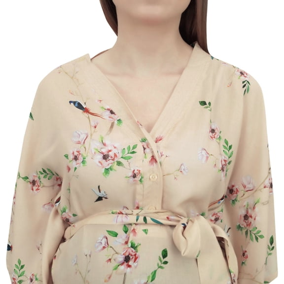 Bimba Moms Floral Print Beige Maternity Dress Kimono Sleeve Nursing Kaftan-16