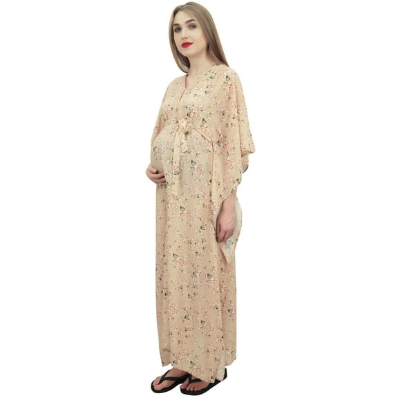 Bimba Moms Kimono Sleeve Floral Print Beige Maxi Dress Maternity Kaftan-14
