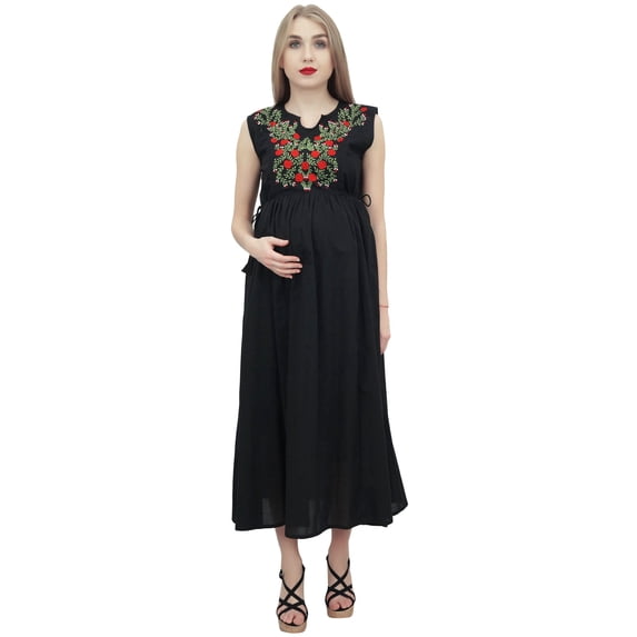 Bimba Moms Maternity Dress Cotton Embroidered Black Nursing Maxi Sleepwear - 14