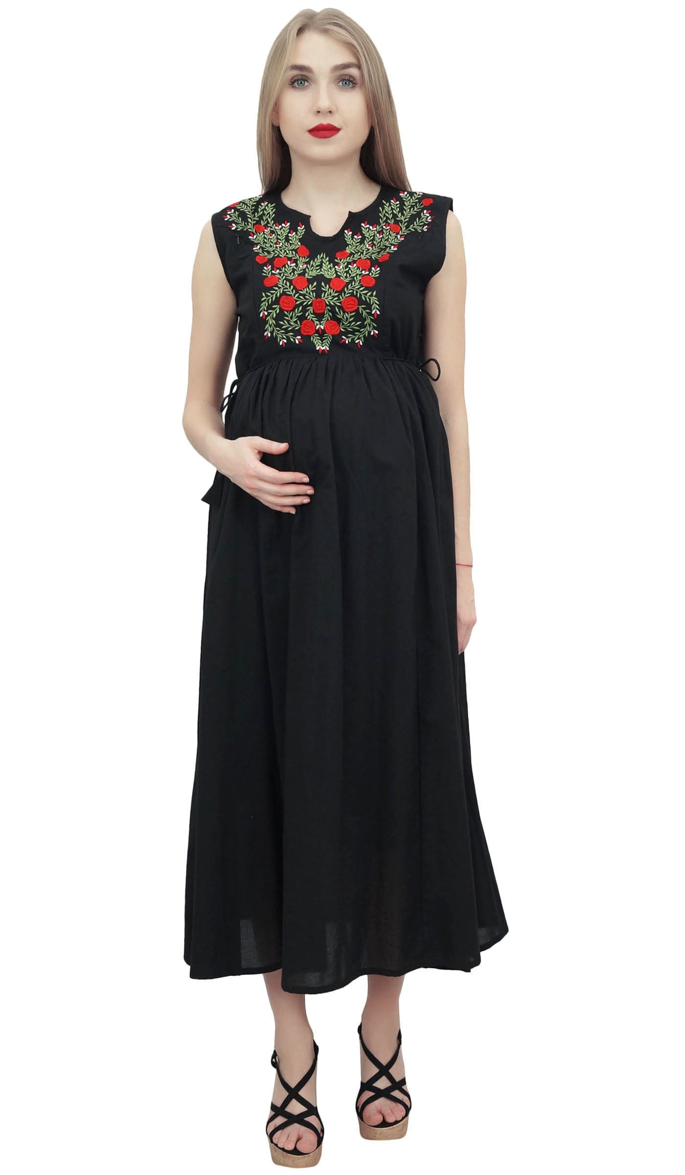 Bimba Moms Maternity Dress Cotton Embroidered Pink Nursing Maxi Sleepwear -  4