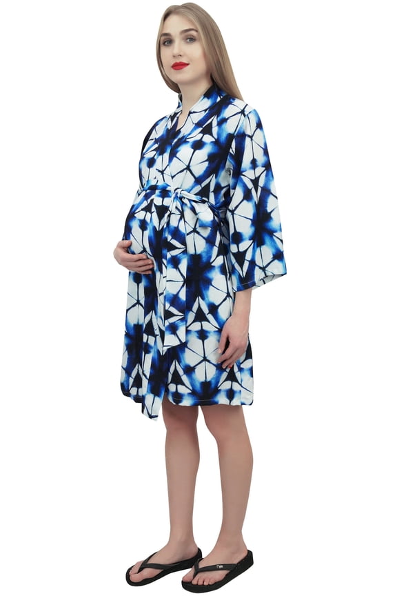 Moms Maternity Robe With Belt Shibori Printed Blue Nursing Coverup-4