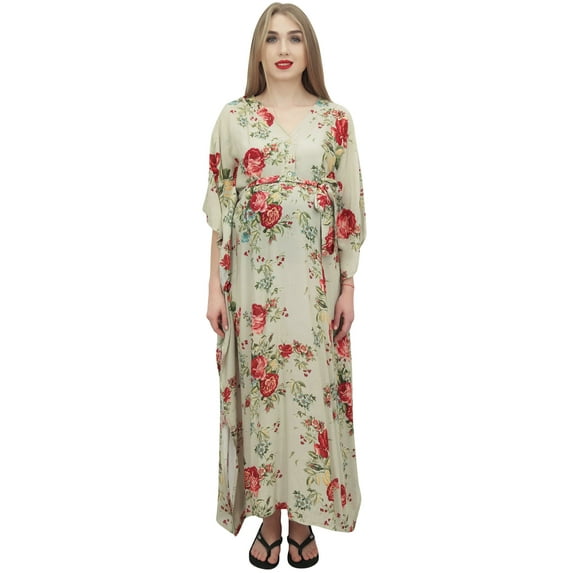 Bimba Moms Mint Green Floral Printed Kaftan With Belt Maternity Maxi Dress-12