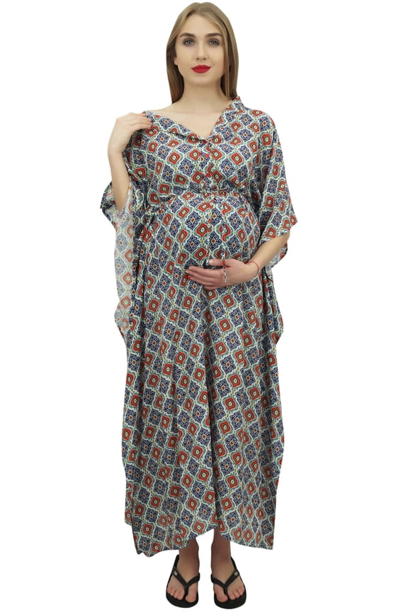 Moms Multicolour Drawstring Maxi Dress Kimono Sleeve Maternity Kaftan-30