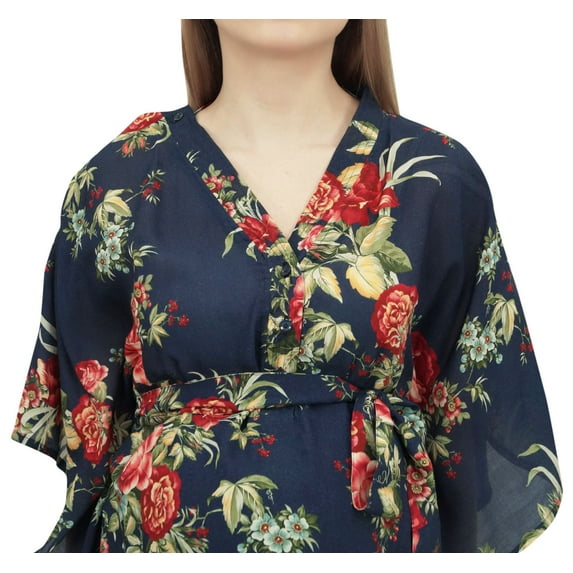 Bimba Moms Navy Blue Floral Printed Kaftan With Belt Maternity Maxi Dress-4
