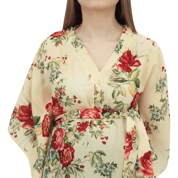 Bimba Moms Pale Yellow Floral Printed Kaftan With Belt Maternity Maxi Dress-20