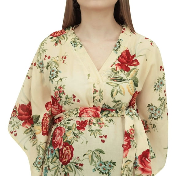 Bimba Moms Pale Yellow Floral Printed Kaftan With Belt Maternity Maxi Dress-22