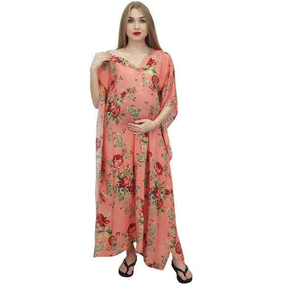 Bimba Moms Salmon Floral Printed Kaftan With Belt Maternity Maxi Dress-6