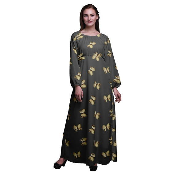 Bimba Moss Georgette Butterflies Butterfly Print Women’s Long Elastic Waist Casual Summer Maxi Dress-X-Large
