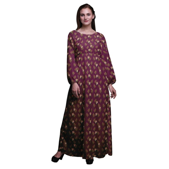 Bimba Moss Georgette Leave Wreath & Rose Floral Printed Women’s Long Sleeve Maxi Dress Elastic Waist Gown-XX-Large