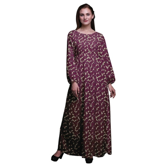 Bimba Moss Georgette Roses & Ranunculus Floral Printed Women’s Long Sleeve Elastic Waist Maxi Dress Gown-Large