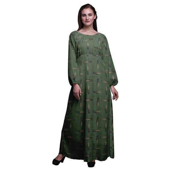 Bimba Moss Georgette Stripe Feather Printed Women’s Long Sleeve Elastic Waist Maxi Dress Gown-Large