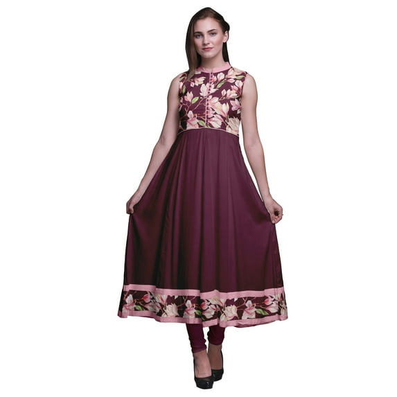 Bimba Mulberry Purple Floral Indian Long Kurti For Women Party Wear Printed Sleeveless Anarkali Kurti Dress Large