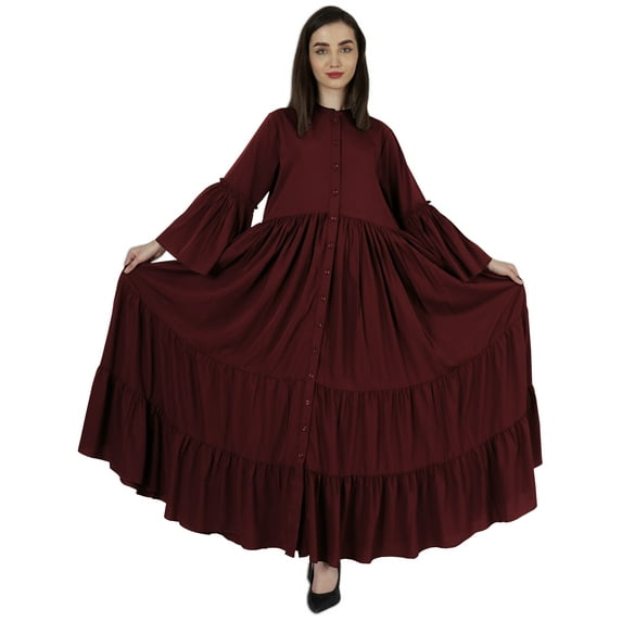 Bimba Muslim Dress With Hijab For Women's Solid FlaredSleeve Islamic Abaya Prayer Dress