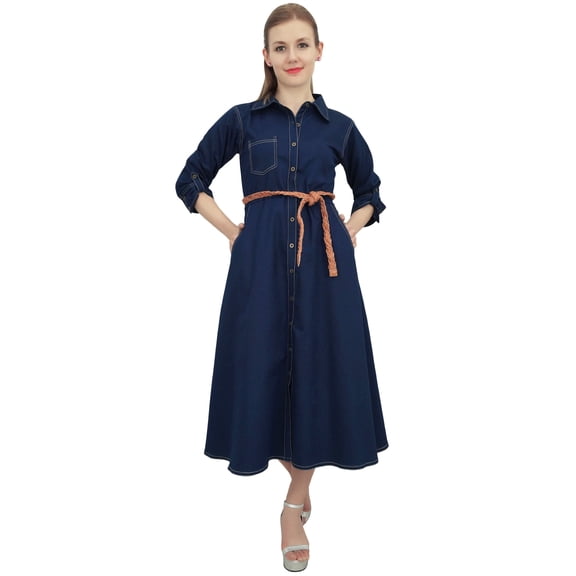 Bimba Navy Blue A-Line Button Down Casual Women's Dress With Tie Waist Dori - 20