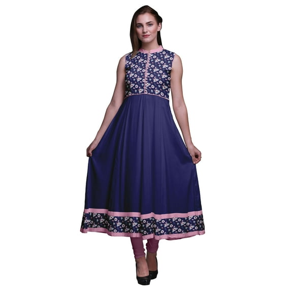 Bimba Navy Blue Floral Anarkali Dress Mandarin Collar Sleeveless Kurtis for Women Print Maxi Dress Large