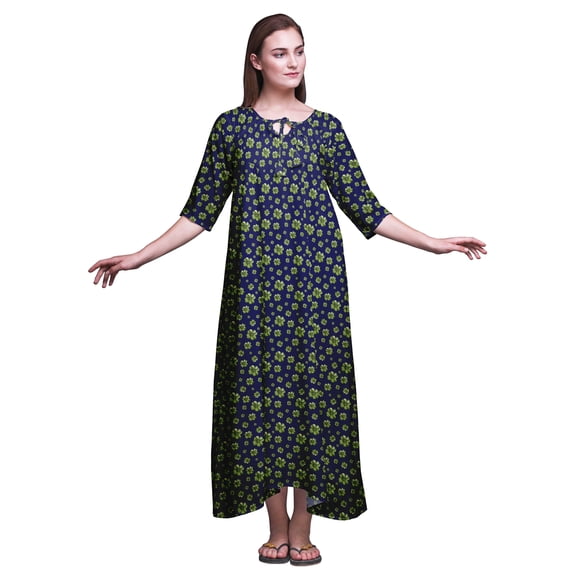 Bimba Navy Blue Floral Clover Leaves Printed Maxi Nightgowns For Women With Summer Slip Sleepwear X-Large