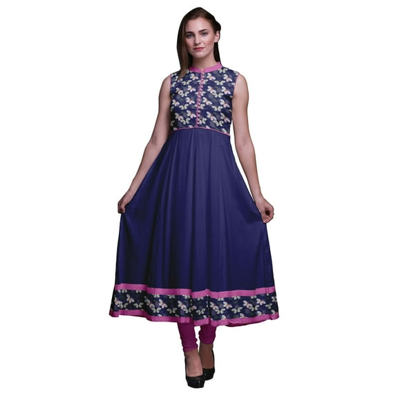 Bimba Navy Blue Floral Indian Long Kurti For Women Party Wear Printed Sleeveless Anarkali Kurti Dress XX-Large