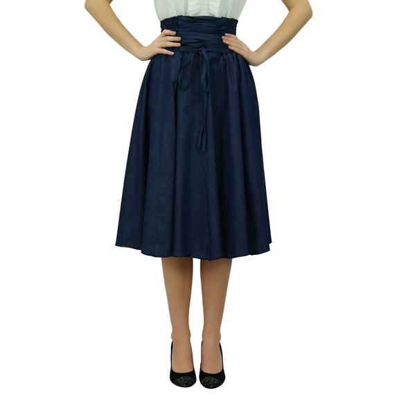 Bimba Navy Blue High Waist Denim Skirt a-line Smocked Waist Designer Chic Skirts
