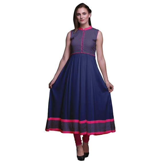 Bimba Navy Blue Leaves Anarkali Dress Mandarin Collar Sleeveless Kurtis for Women Print Maxi Dress X-Large