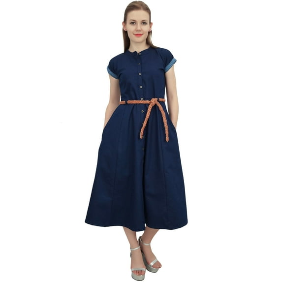Bimba Navy Blue Women's Denim Solid Mid Calf A-Line Dress With Tie Waist Dori - 26