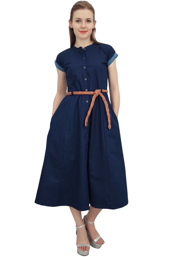 Navy Blue Women's Denim Solid Mid Calf A-Line Dress With Tie Waist Dori - 26
