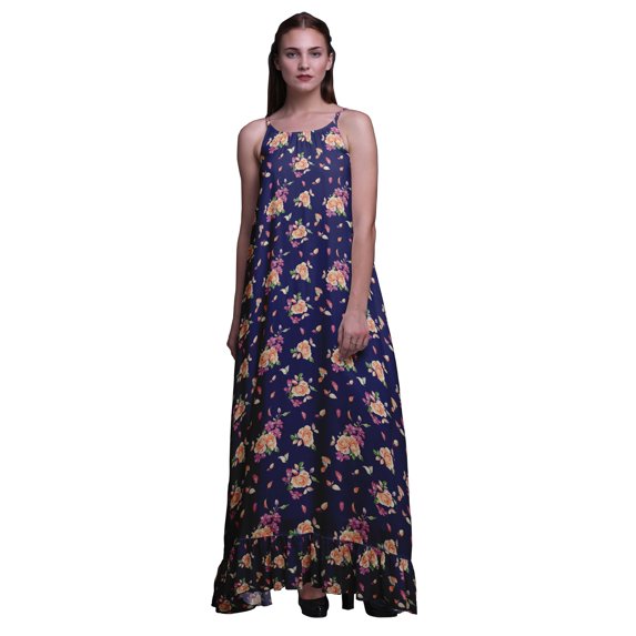 Bimba Navy Blue3 Floral Amber Flush & Clematis Nightwear For Women Printed Nightgown Spaghetti Strap Maxi Dress Sleepwear X-Large