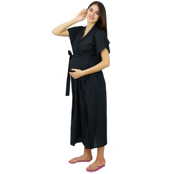 Bimba Nursing Black Cotton Kaftan With Belt Front Buttons Maternity Night Wear