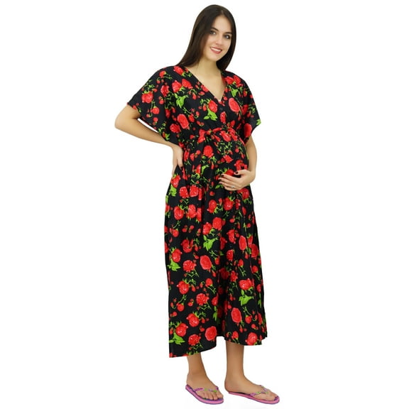 Bimba Nursing Mothers Caftan Floral Print Maxi Kaftan Maternity Gown with Belt