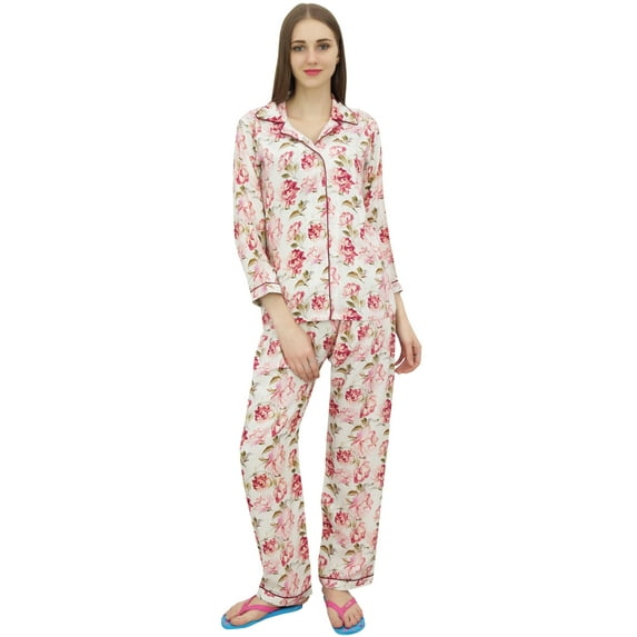 Bimba Off-White Button-Down Shirt With Elastic Waist Pajama Pant Night Wear-4