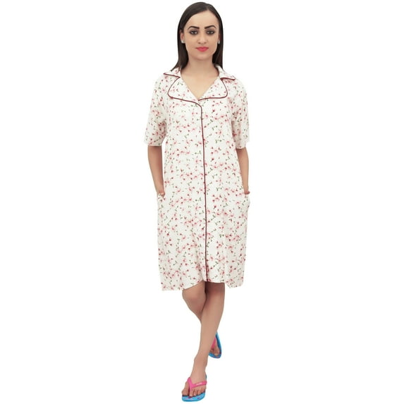 Bimba Off White Floral Print Rayon Women's Sleepshirt Night Shirt With Pockets - 4