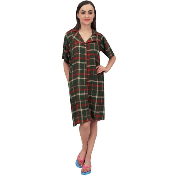 Bimba Olive Green Check Print Short Sleeve Women Shirt Night Dress With Pocket - 4
