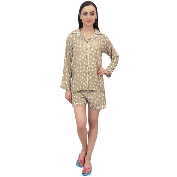 Bimba Olive Green Women Sleepwear Bird Print Shirt & Shorts 2 Pcs Nightwear - 4
