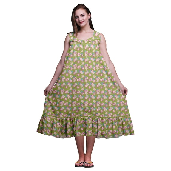 Bimba Olive Green2 Floral Leaves & Printed Cotton Nightgowns For Women Sleeveless Gown Sleepwear Maxi Dress X-Large
