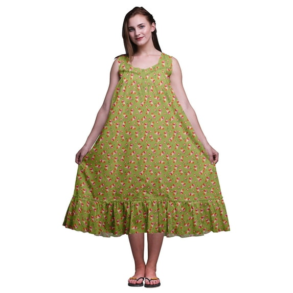Bimba Olive Green3 Watercolor Flower Sleeveless Cotton Nightgowns For Women Printed Mid-Calf Length Sleepwear Medium