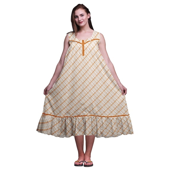 Bimba Orange Check Diagonal Printed Cotton Nightgowns For Women Sleeveless Gown Sleepwear Maxi Dress XXX-Large