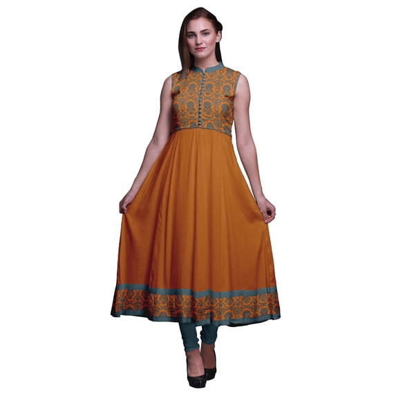 Bimba Orange Damask Indian Long Kurti For Women Party Wear Printed Sleeveless Anarkali Kurti Dress Small