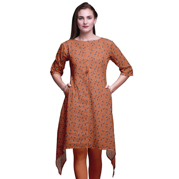 Bimba Orange Dot & Blue Leaf Leaves Indian Tunic Tops for Girls Printed Casual Top for Women Ethnic Kurti Large