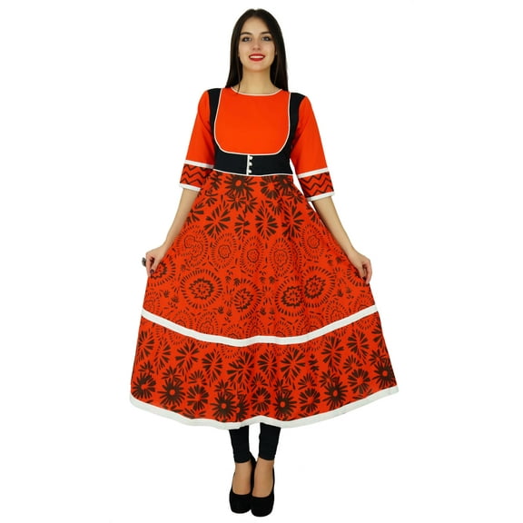 Bimba Orange Flaired Kurti Printed Cotton Kurta Indian Designer Chic Clothing Dress