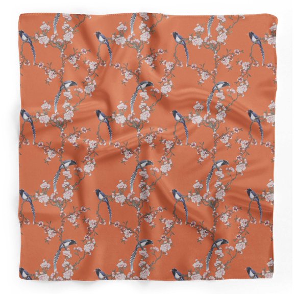 Bimba Orange Floral & Paradise Whydah Bird Printed Pure Silk Scarf Neck Wrap Summer Hair Bandanas For Women 40 x 40 Inches