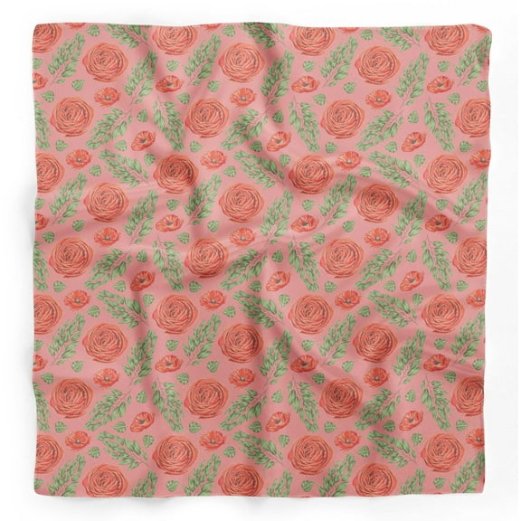 Bimba Orange Laurel Leaves & Camellias Floral Printed Pure Silk Scarf Neck Wrap Summer Hair Bandanas For Women 40 x 80 Inches