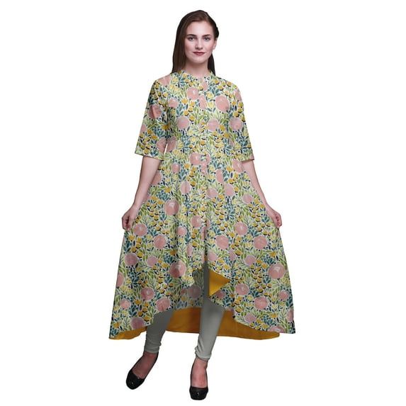 Bimba Orange Leaves & Buds Floral Printed Indian Kurtis For Women Party Wear Long Anarkali Kurta Indian Kurti-Medium