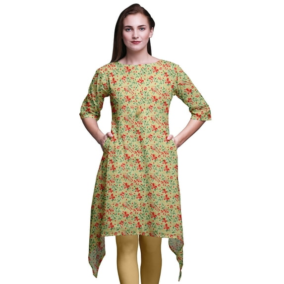 Bimba Orange Leaves & Flower Indian Tunic Tops For Girls Printed Casual Top For Women Ethnic Kurti Large