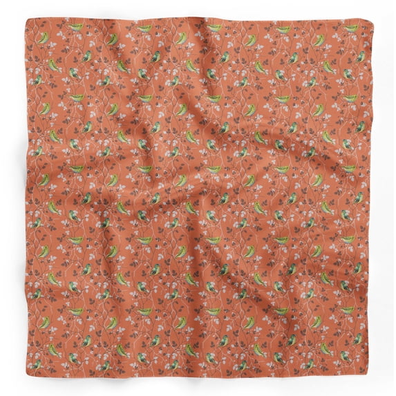 Bimba Orange Leaves & Flowerpecker Bird Pure Silk Printed Scarf Dupatta Head Neck Wrap Bandanas For Women 40 x 40 Inches