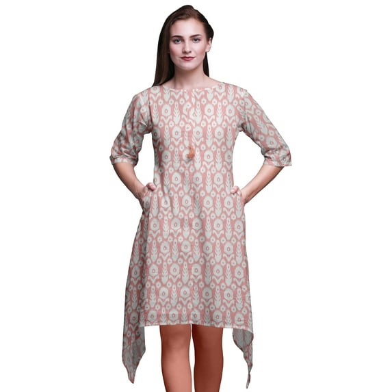 Bimba Orange Peacock Feather Ikat Women Kurtas Ethnic Printed Asymmetric Summer Wear Tops For Women XXX-Large