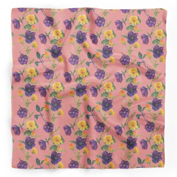 Bimba Orange Purple & Yellow Flower Floral Printed Pure Silk Scarf Neck Wrap Summer Hair Bandanas For Women 40 x 40 Inches