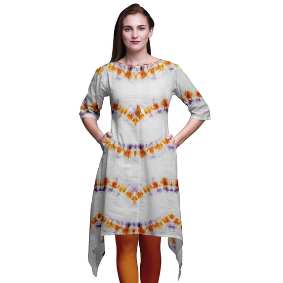 Bimba Orange Shibori Tie-Dye Asymmetric Kurta Indian Tunic Tops For Women Printed Indian Clothing Large