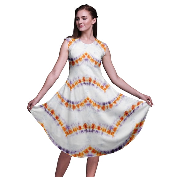 Bimba Orange Shibori Tie-Dye Printed Knee Length Ladies Sleeveless Holiday Wear Tank Dress-XX-Large