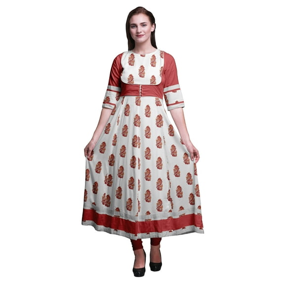 Bimba Orange Swirl & Floral Block Printed Women Anarkali Dresses Long Indian Kurtis Ethnic Kurta Dress-XXX-Large